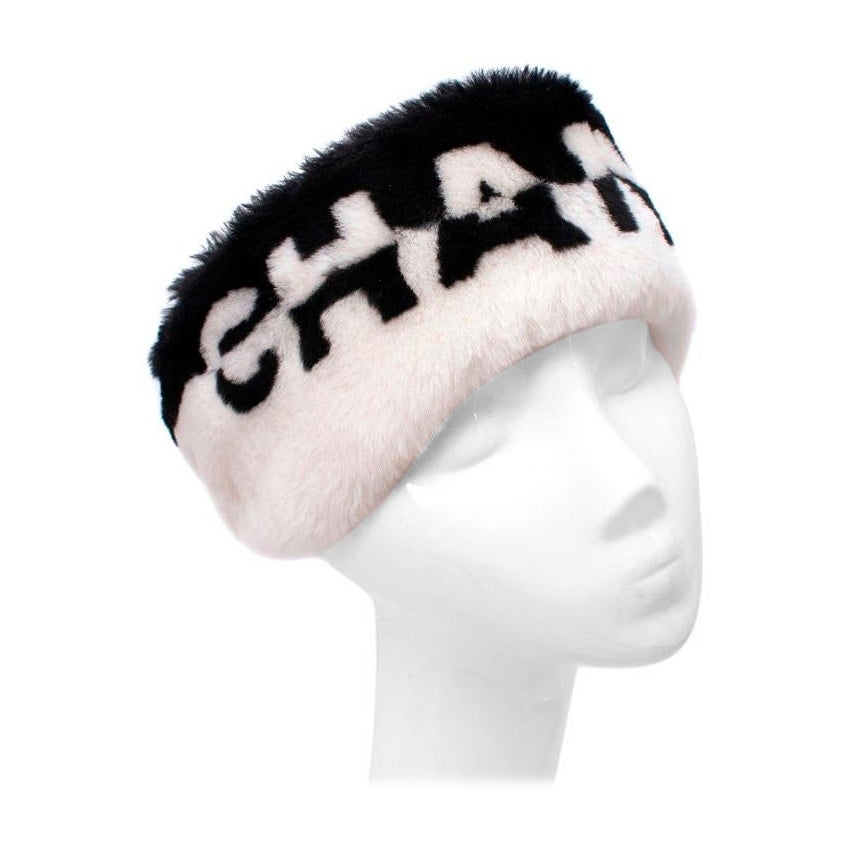 Chanel Bicolour Logo Shearling Winter Headband For Sale