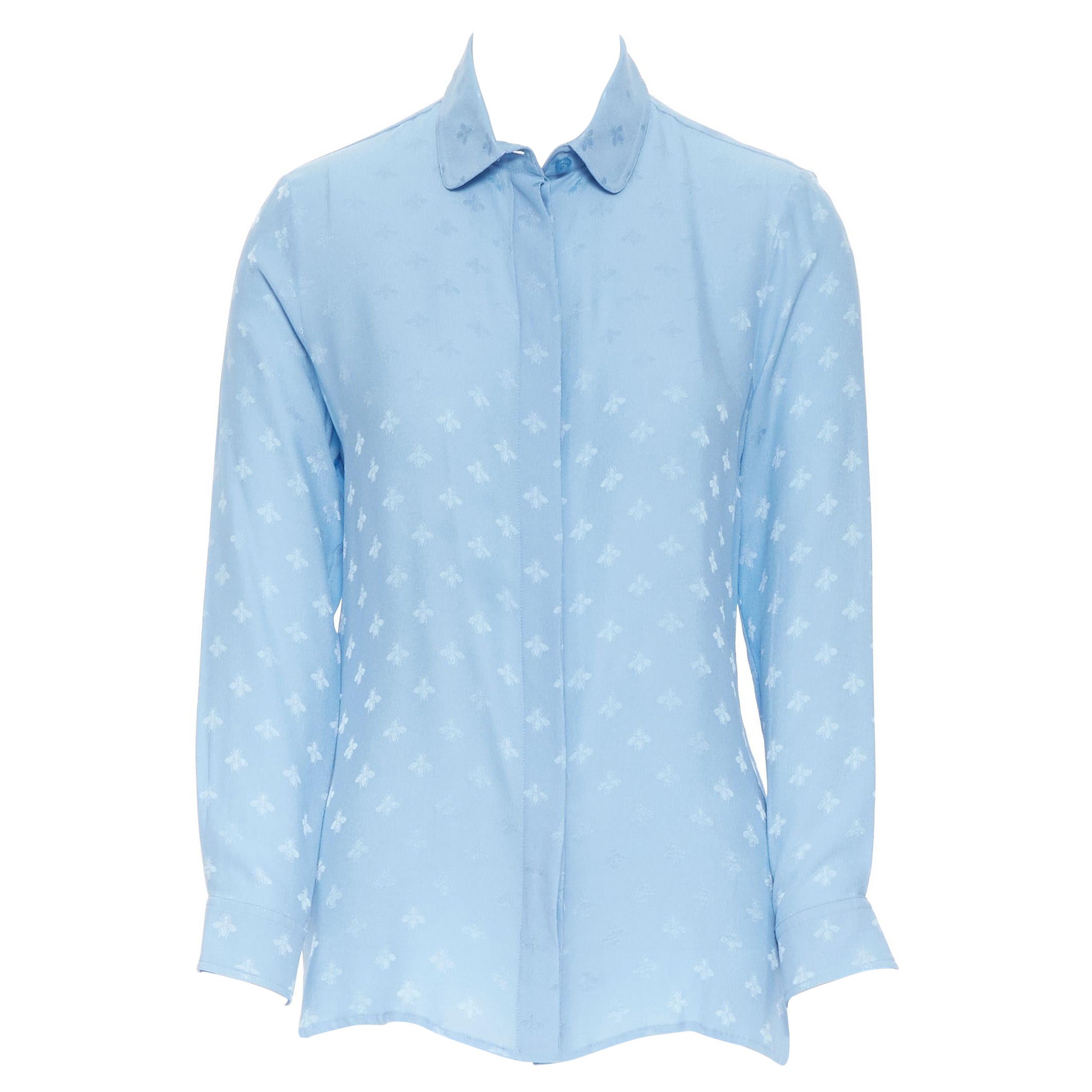 GUCCI 100% Cambridge silk sky blue bee jacquard club collar shirt IT38 XS