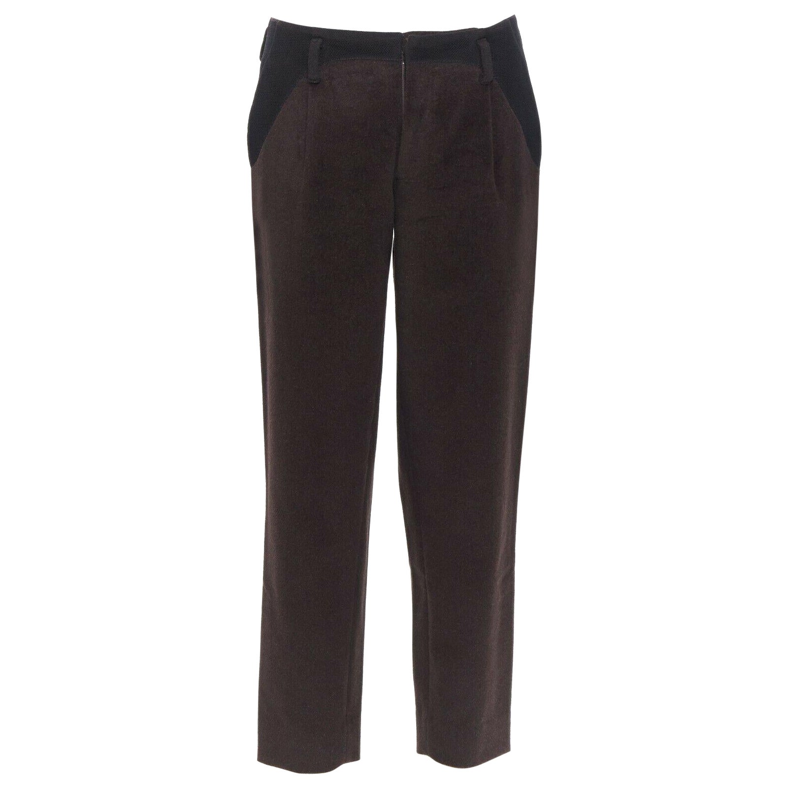 KOLOR men's dark brown mohair black mesh panels straight legged trousers pants For Sale