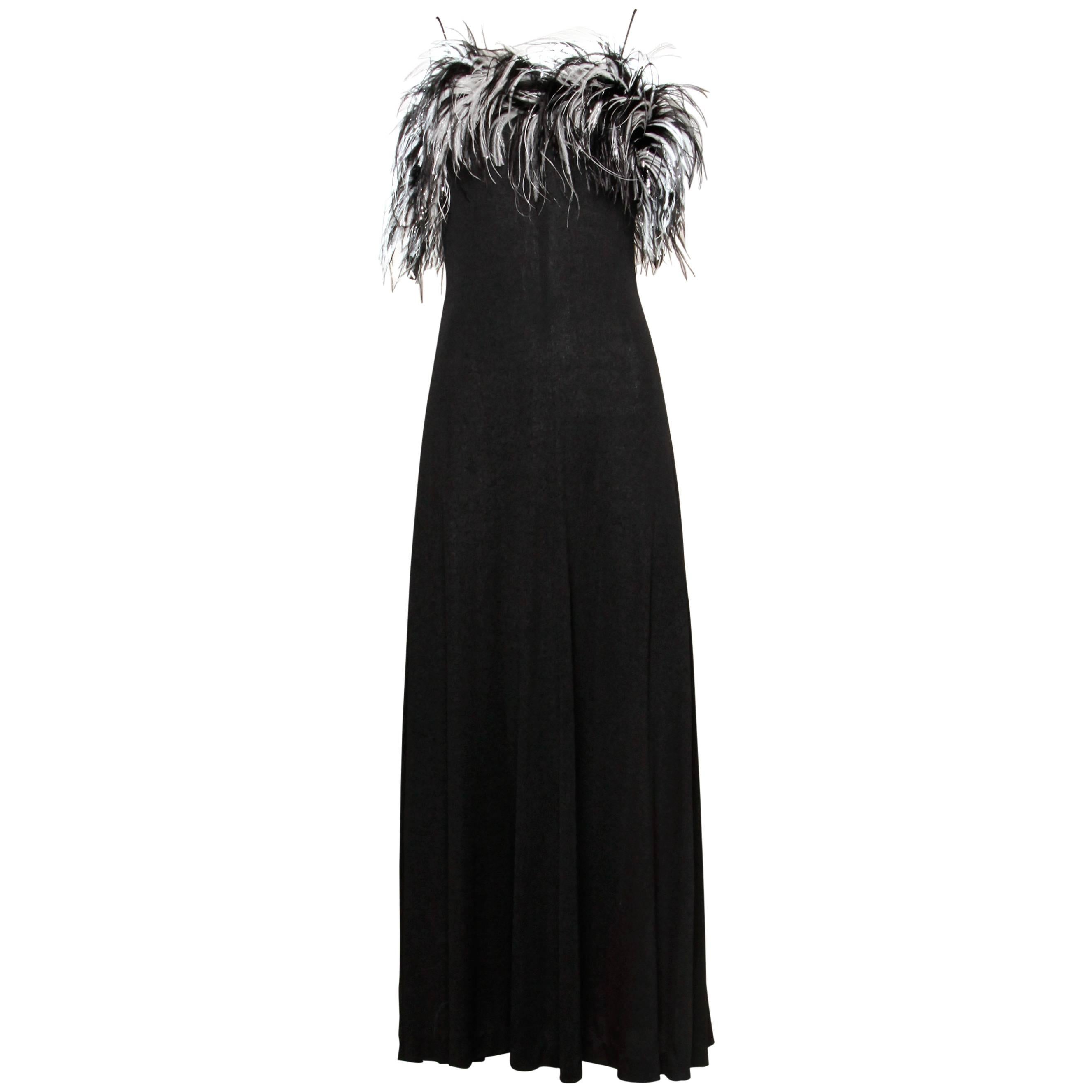 1970s Vintage Jersey Knit Maxi Dress with Metallic Ostrich Feathers