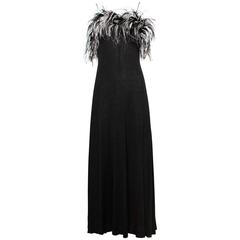1970s Vintage Jersey Knit Maxi Dress with Metallic Ostrich Feathers