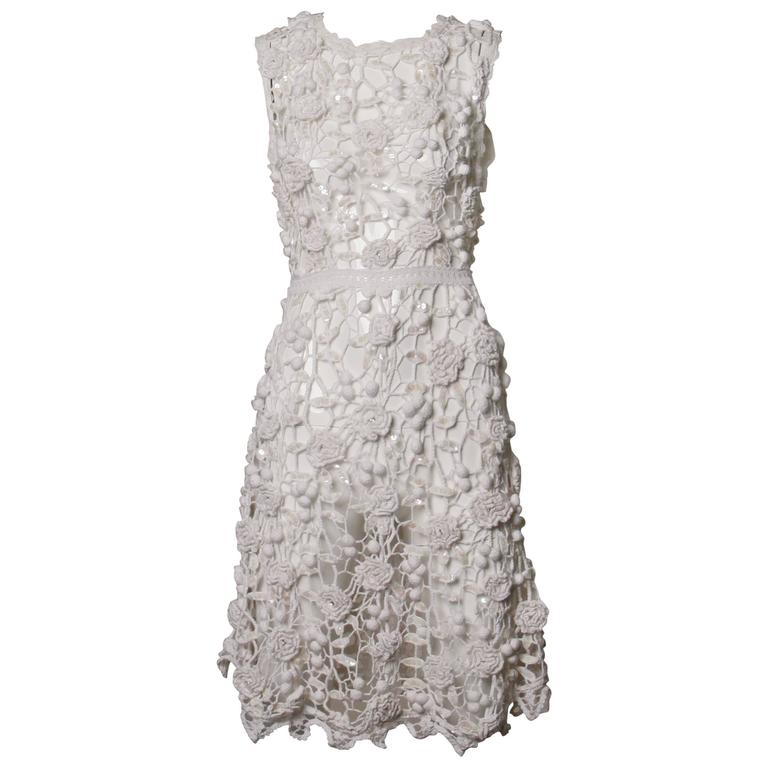 Hand Crochet Lace Dress with Rhinestones Sequins and Beads at 1stDibs