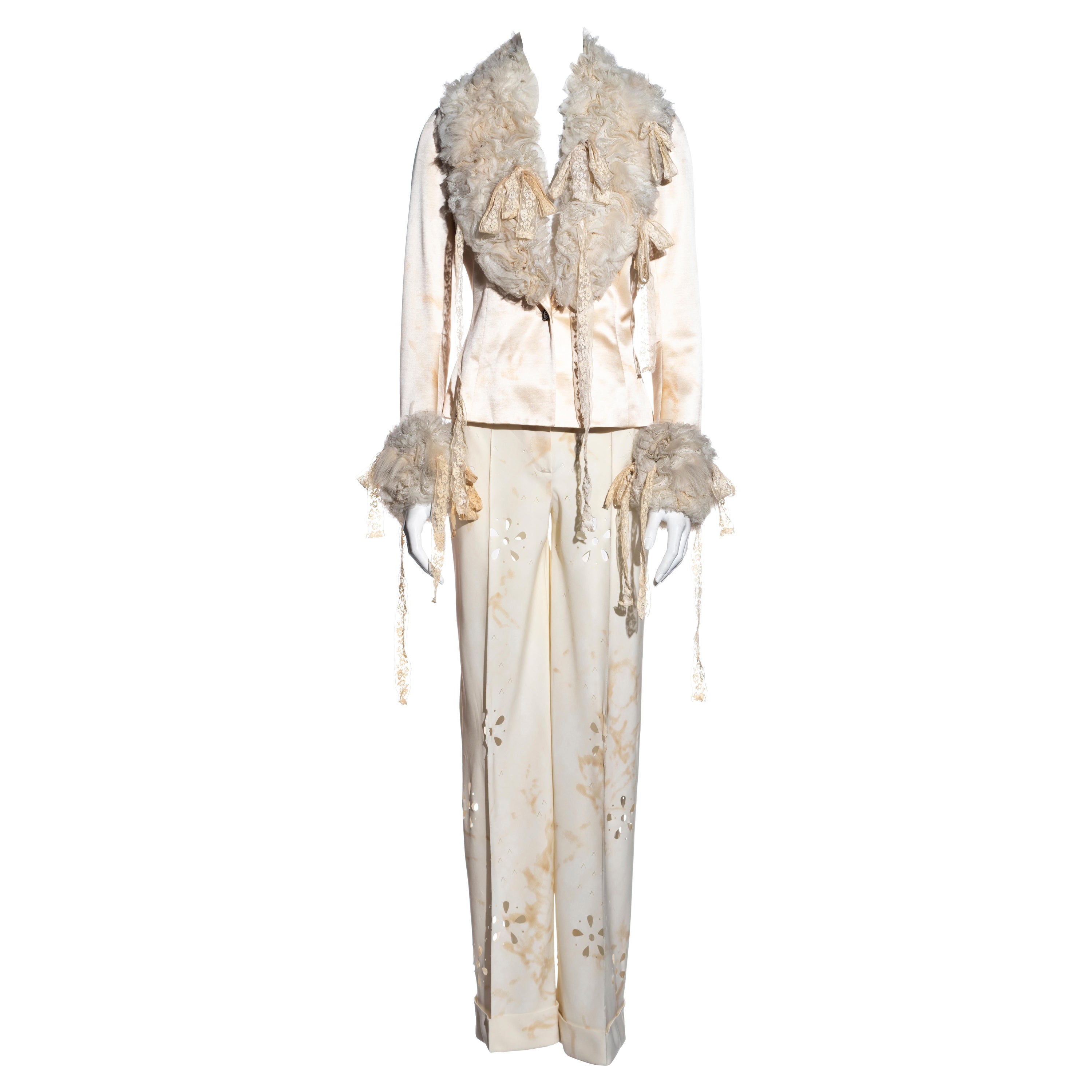 John Galliano cream silk pant suit with Mongolian lamb and lace, fw 2001 For Sale