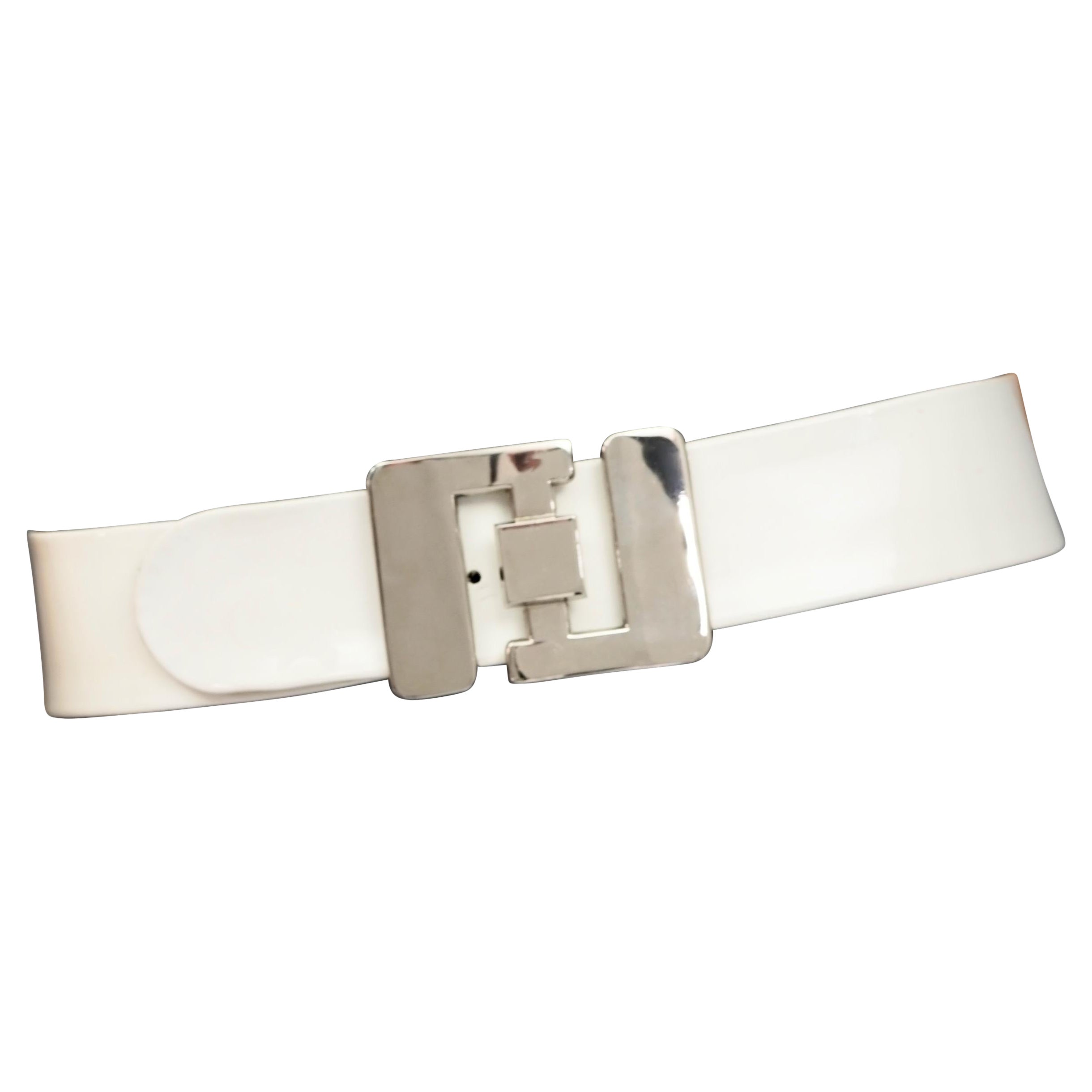 Vintage PIERRE CARDIN Logo Buckle Space Age White Patent Belt For Sale