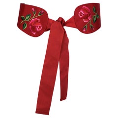 Vintage YVES SAINT LAURENT Ysl Flower Embroidered Grosgrain Ribbon Red Belt
