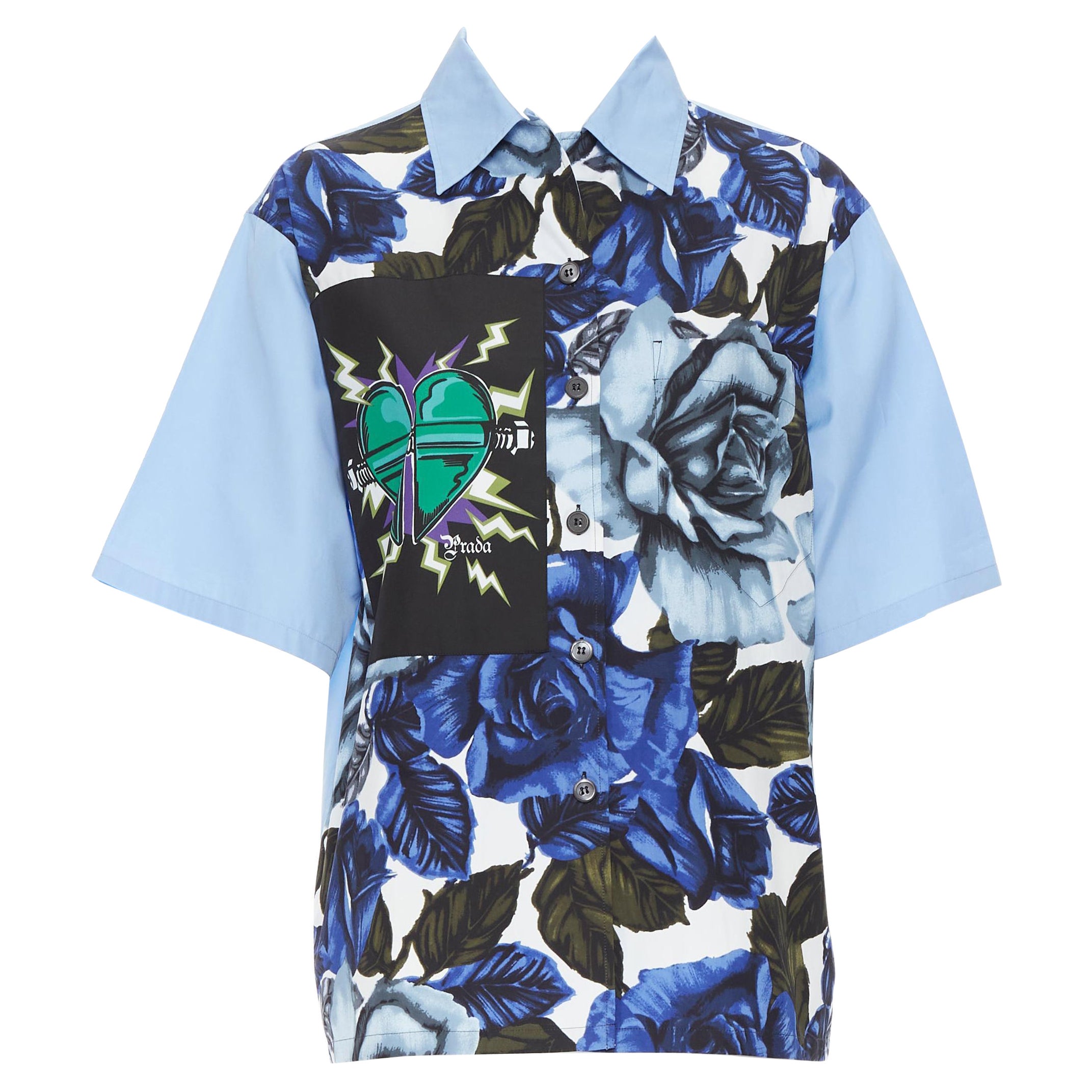 runway PRADA 2019 Frankenstein rose print micro heart patch boxy shirt IT36 XXS