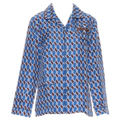 new PRADA 2019 100% silk twill blue brown argyle Twist print pyjama shirt top S