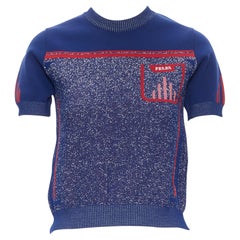 new PRADA 2018 blue red sport knit logo intarsia short sleeve crop top IT38 XS