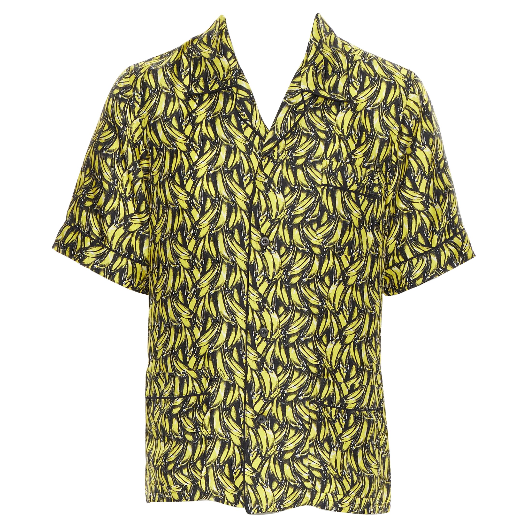 new PRADA 2018 iconic Banana yellow 100% silk short sleeve bowling shirt S