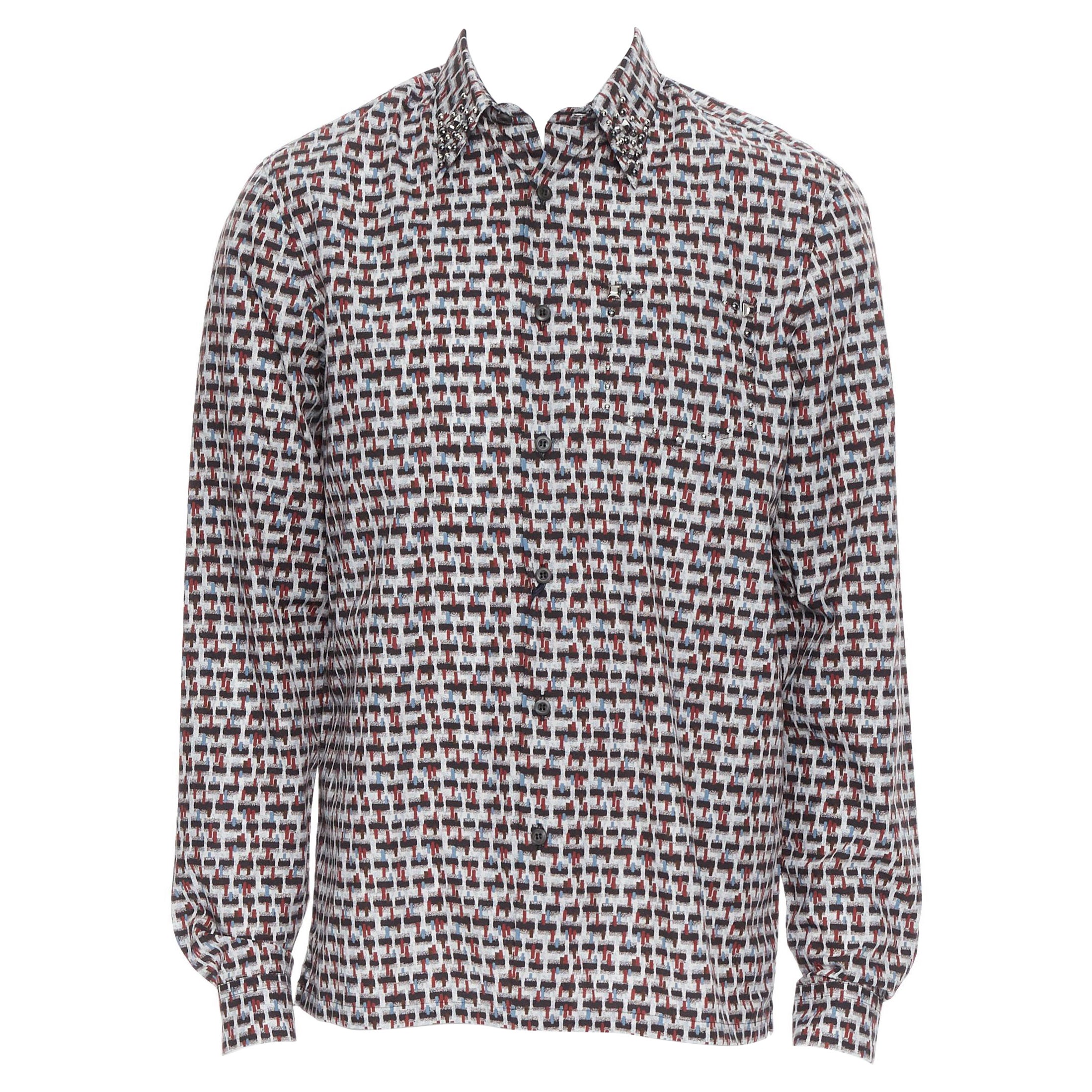 new PRADA 2018 Losanga abstract geometric print studded collar shirt EU39 M