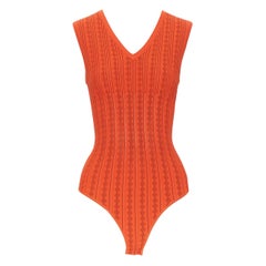new ALAIA orange geometric jacquard ribbed knit V-neck bodysuit top FR36 XS