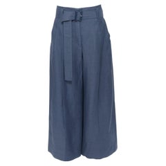 new OLD CELINE blue linen cotton blend belted wide leg trousers pants FR40