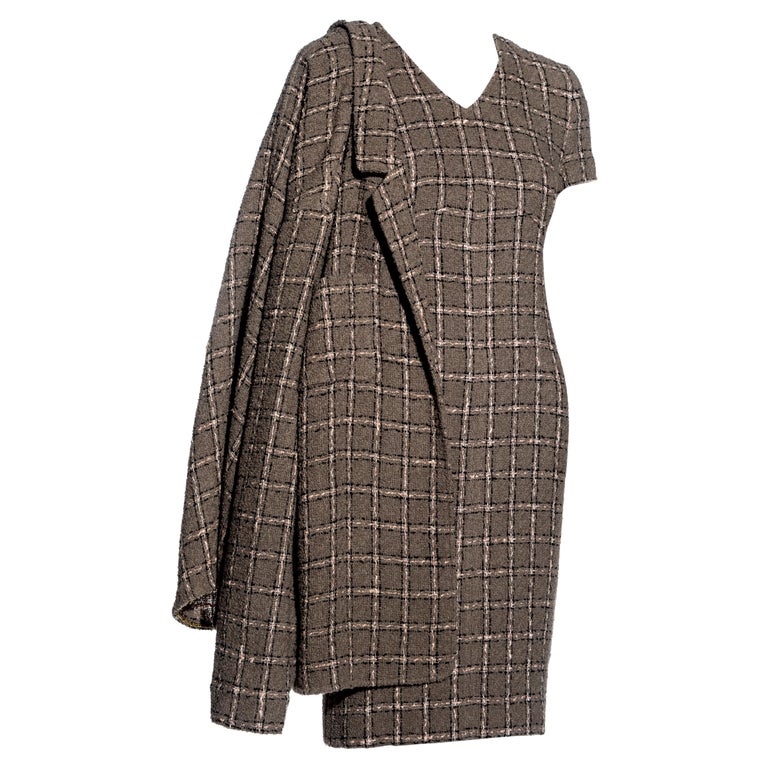 Chanel by Karl Lagerfeld checked taupe bouclé wool dress and