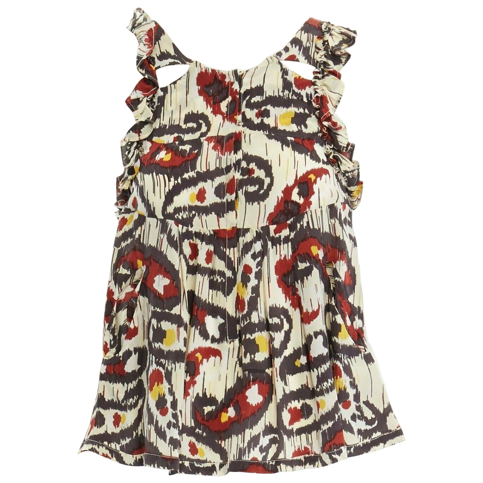 ISABEL MARANT Ikat cream ethnic print silk ruffle cut-out top FR34 XS US2 UK6 For Sale