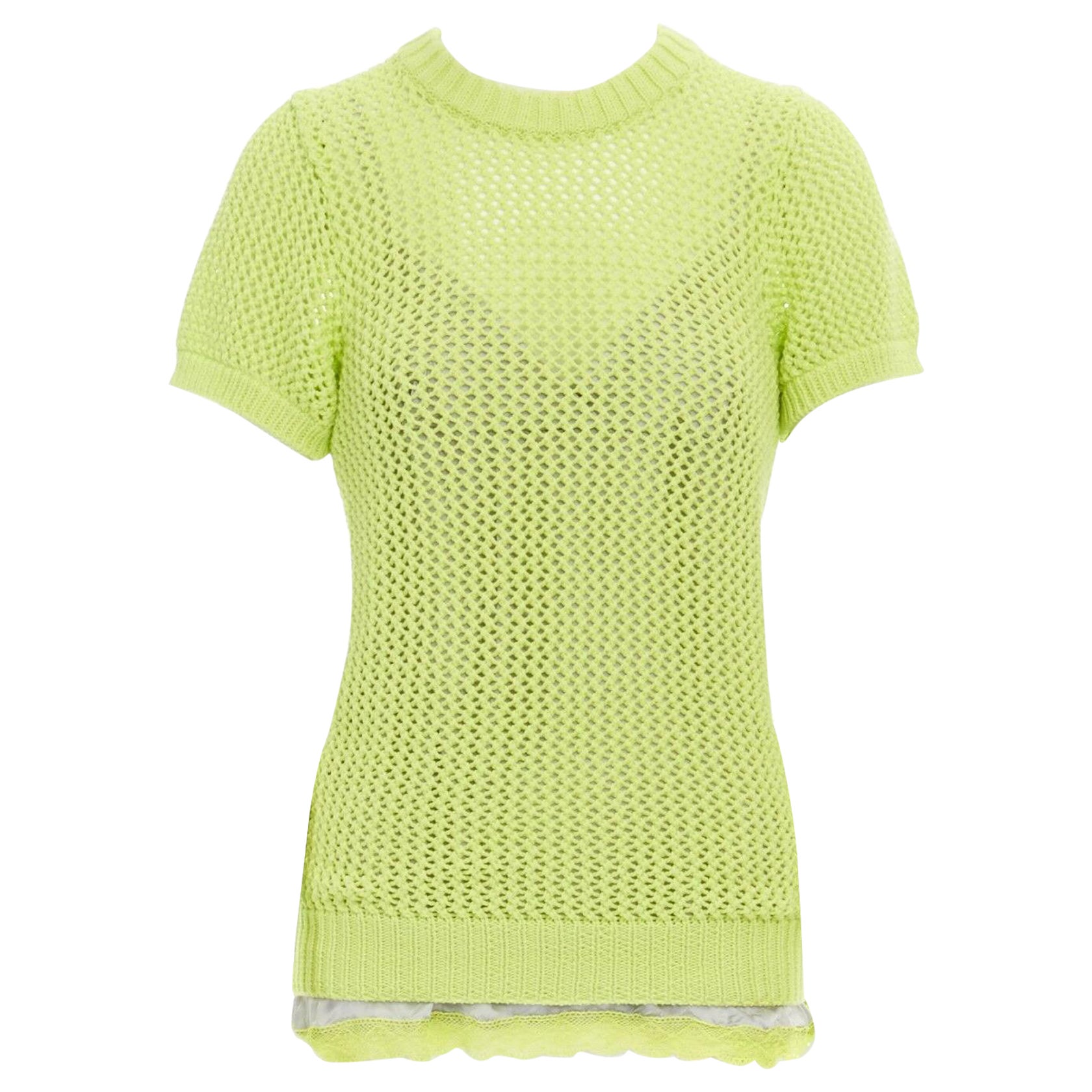 SACAI LUCK neon yellow grey lace trimmed camisole crochet knit sweater top JP3 L
