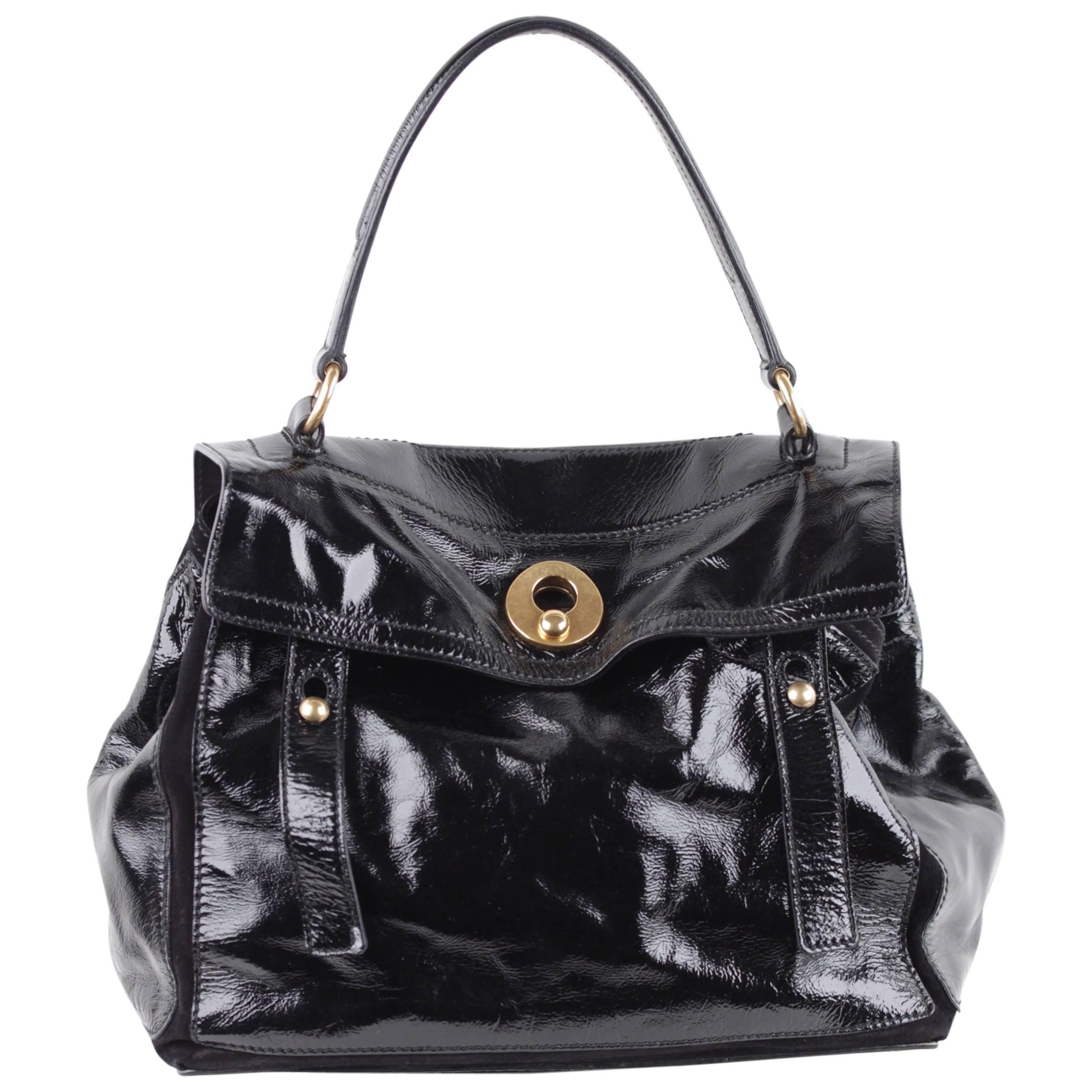 YVES SAINT LAURENT Black Patent Leather MUSE TWO 2 Satchel TOTE Handbag