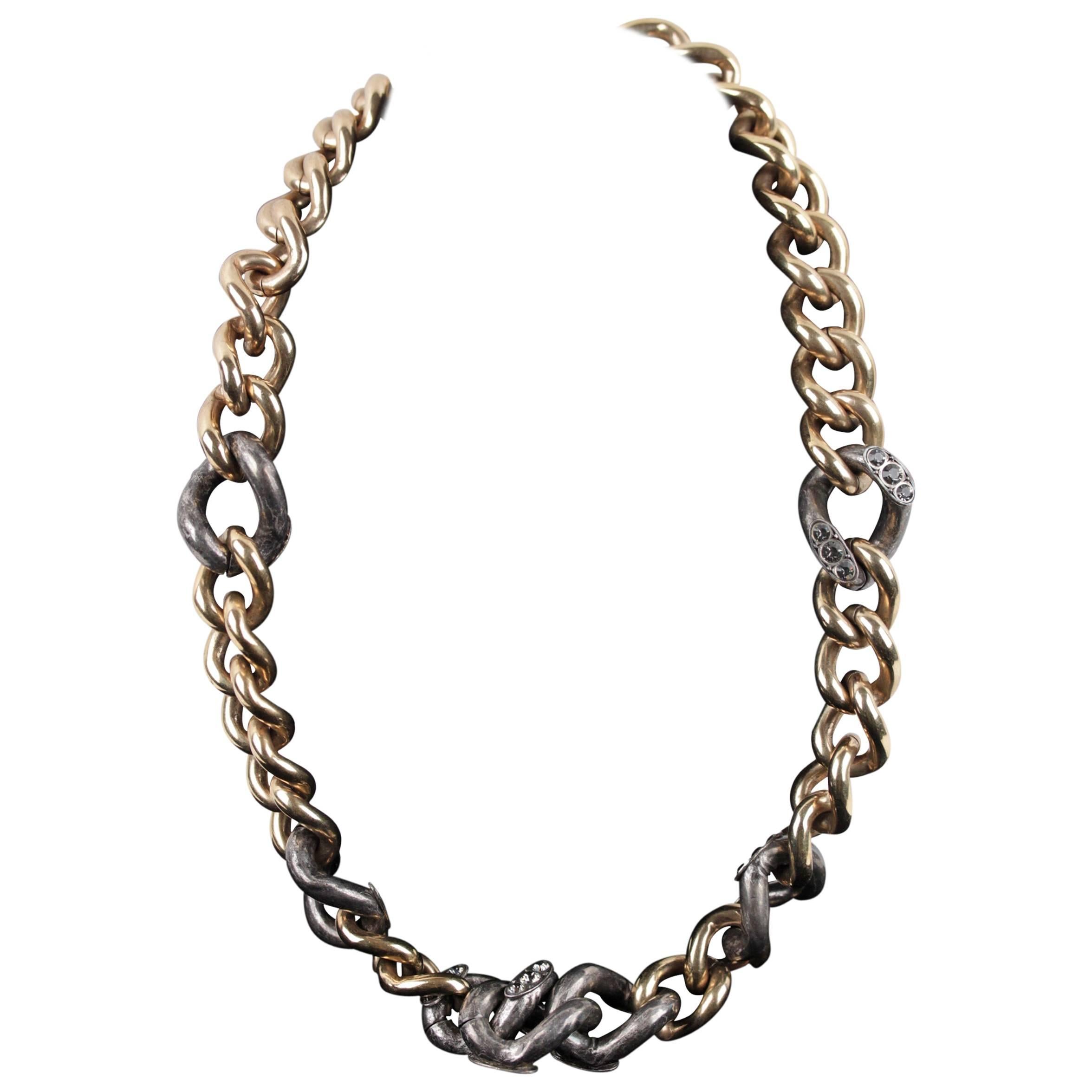 LANVIN Gold & Silver Metal GOURMETTE NECKLACE Chunky Chain Link w/ Crystals