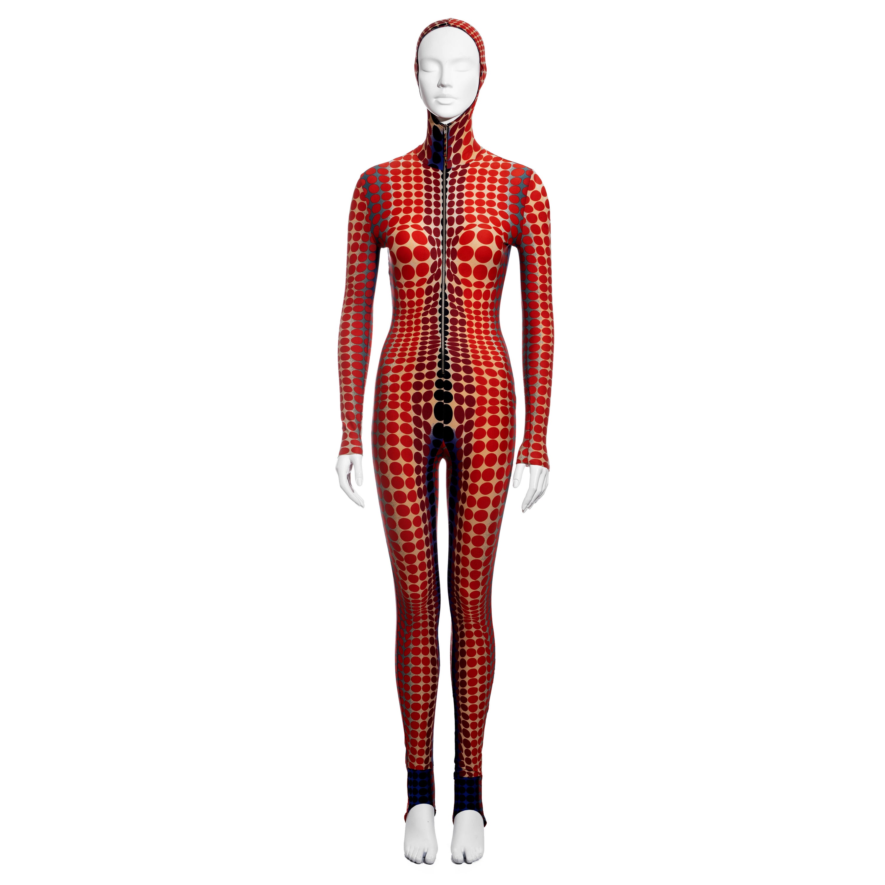 Jean Paul Gaultier red cyber dot printed lycra hooded catsuit, fw 1995