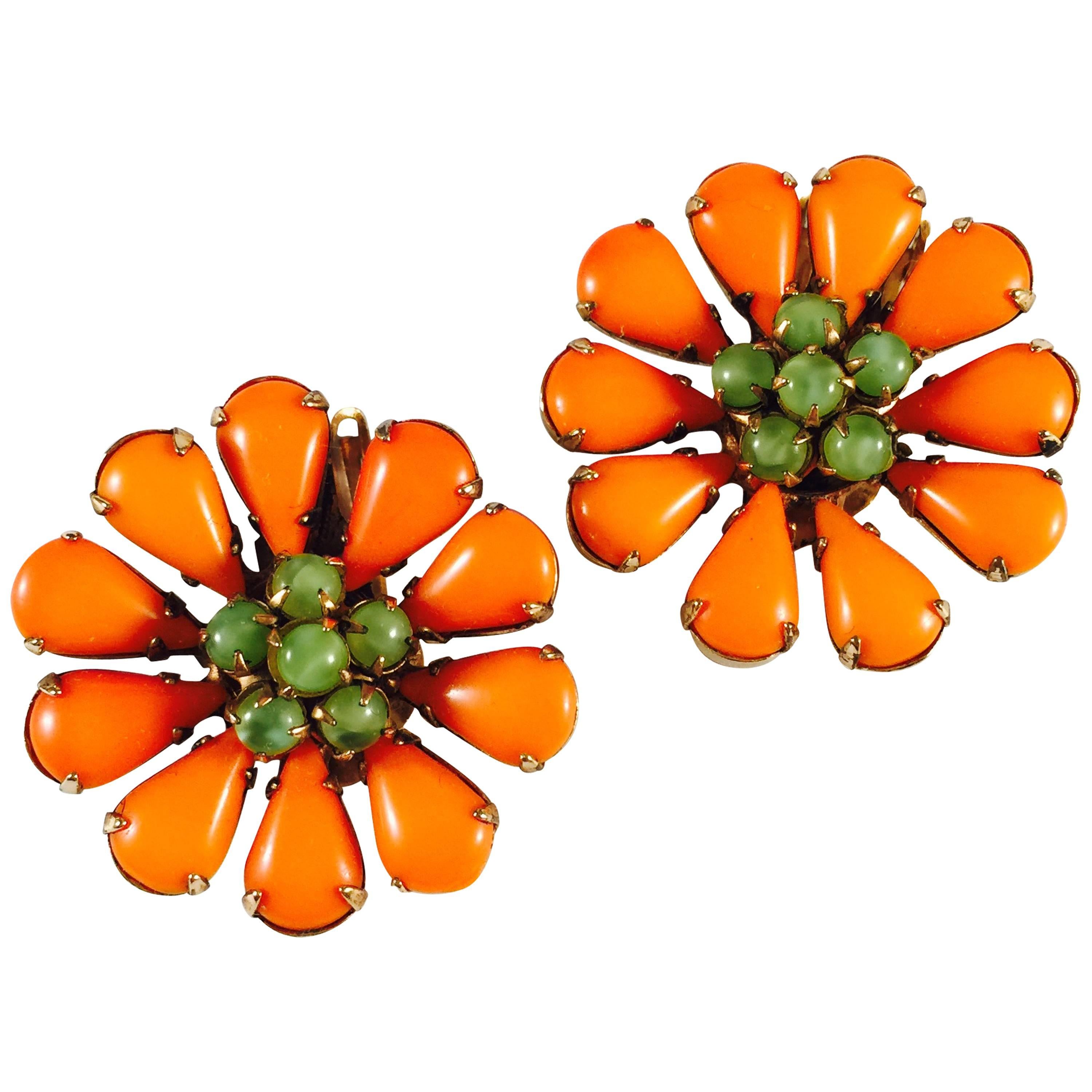 Schreiner 1960s Earrings Orange Flower Clip Ons