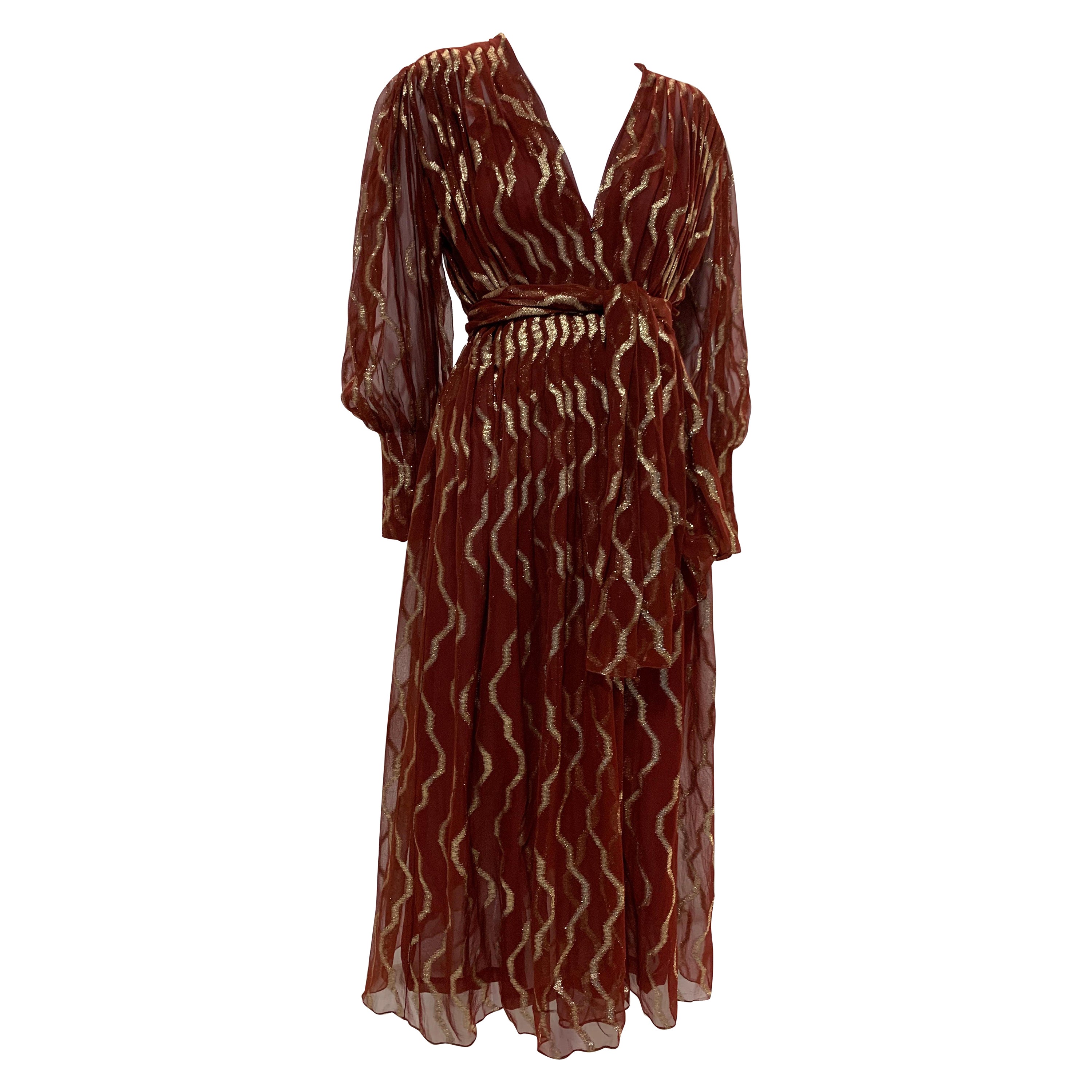 1980 Pauline Trigere Carnelian Silk Chiffon Lame Pleated Dress w/ Matching Sash For Sale