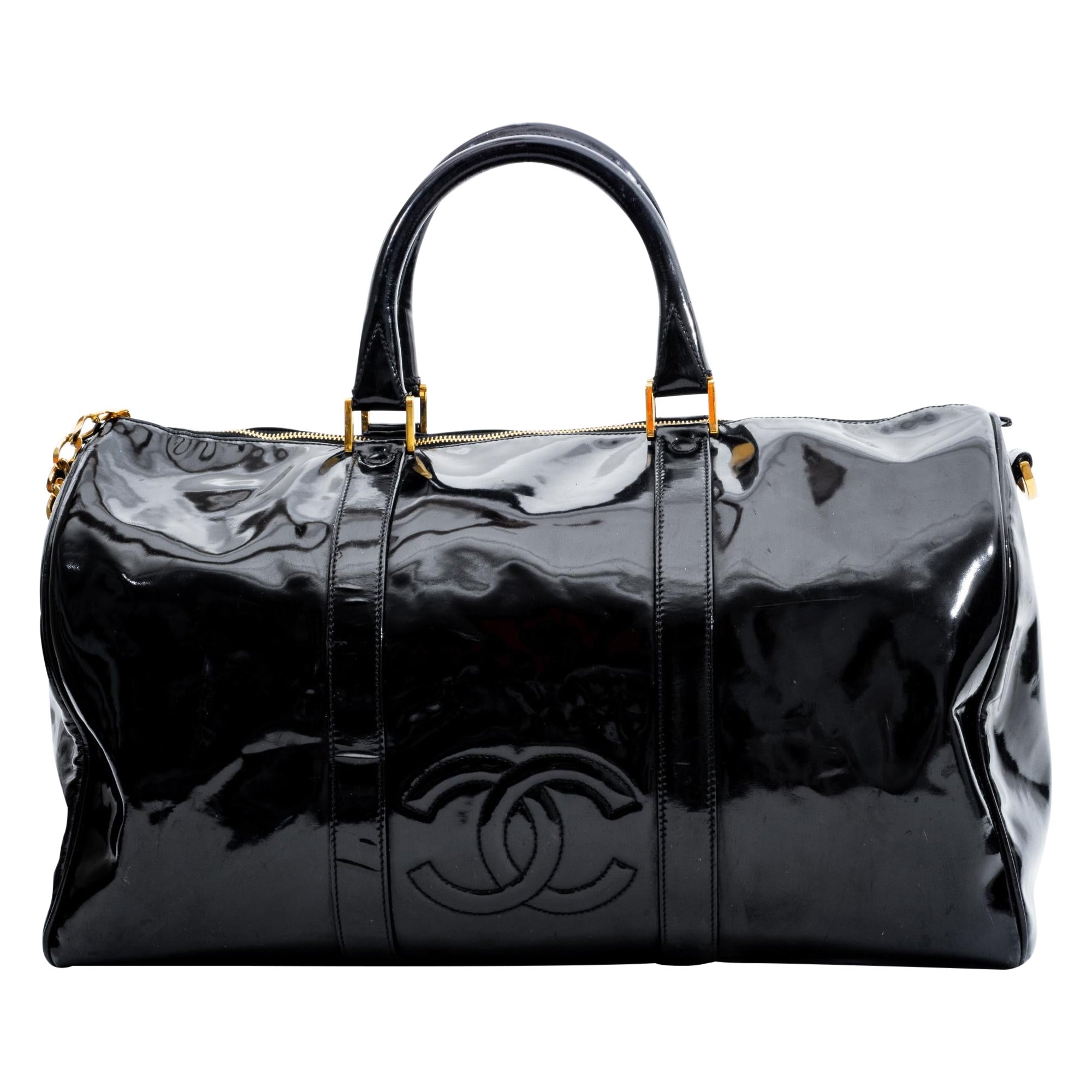 Chanel Large Black Patent CC Logo Duffle Bag with Strap 1C103a