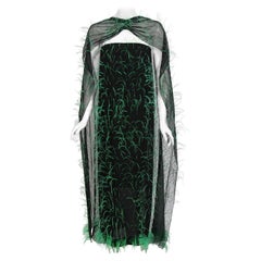 Vintage 1970 Pauline Trigere Documented Green Feather Silk Strapless Gown & Wrap