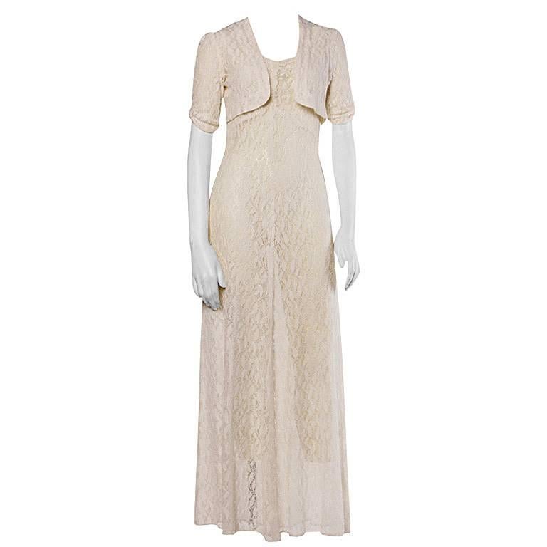 Vintage 1930s 30s Sheer Lace Wedding Maxi Dress with Matching Bolero Jacket For Sale
