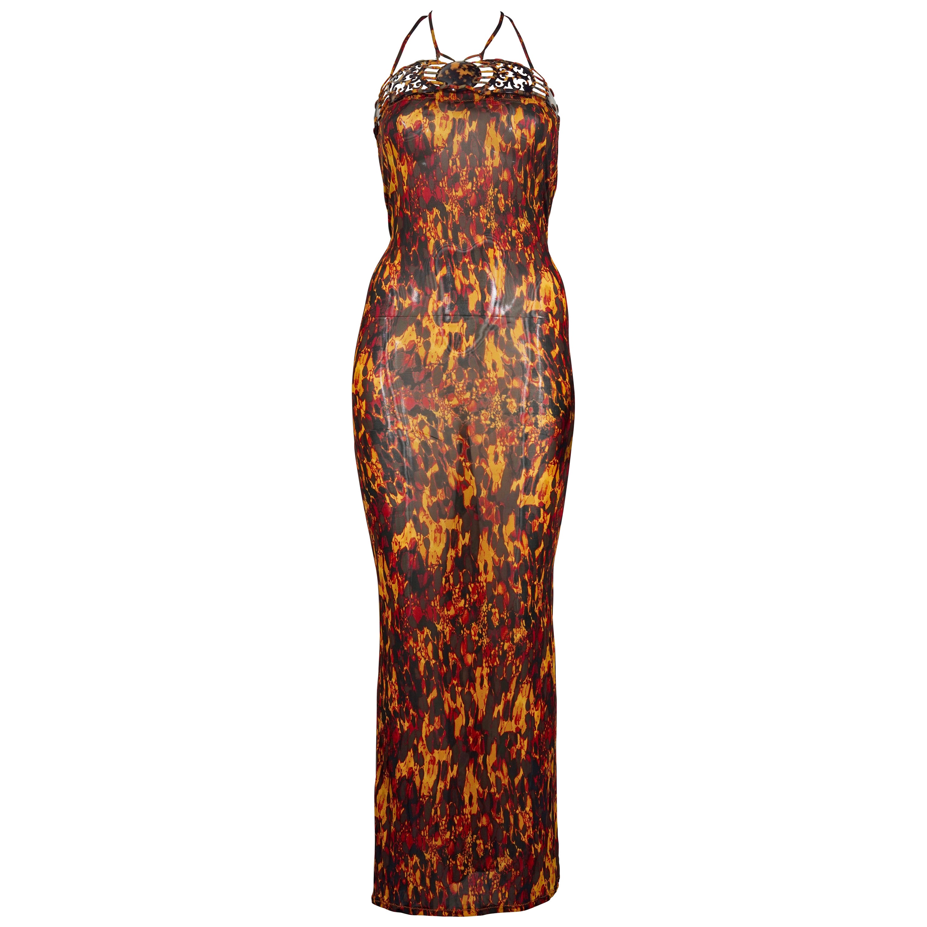 Vintage 1997 JEAN PAUL GAULTIER Tortoise Shell Embellished Print Open Back Dress For Sale