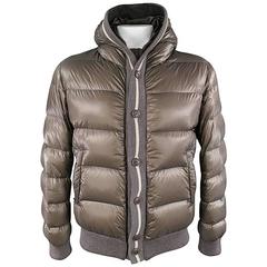 MONCLER 44 Taupe Poliammide Quilted Striped & Button Hoodie Jacket