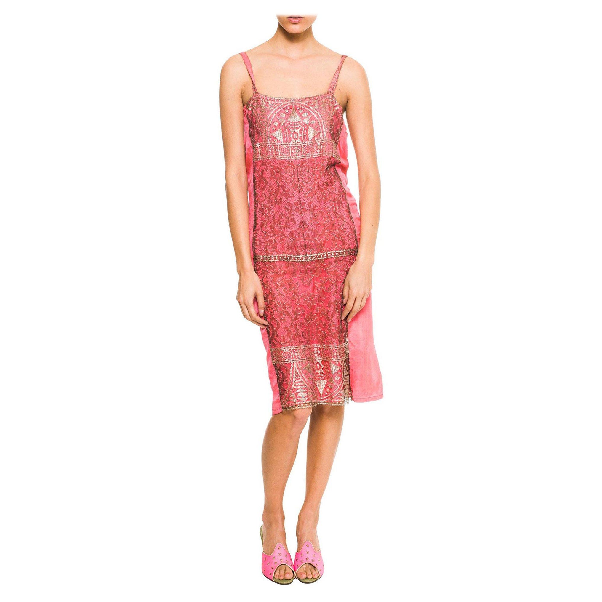 1920S Hot Pink Silk Cocktail Dress With Black & Silver Deco Lamé Lace For Sale