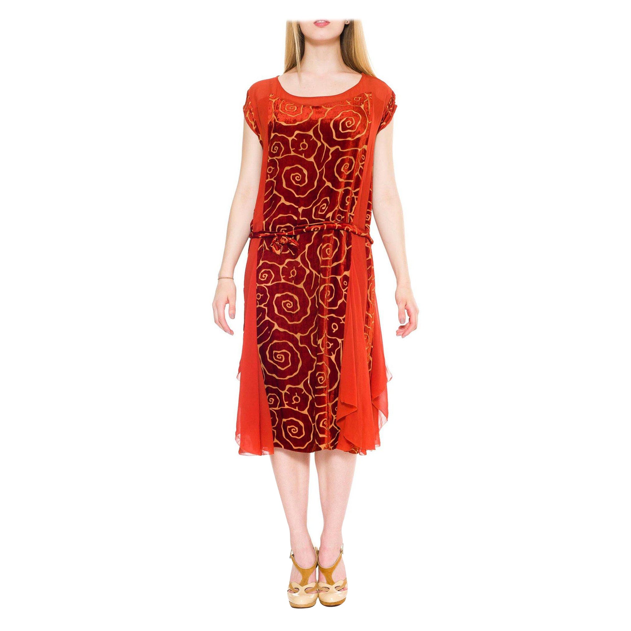 1920S Orange Floral Silk Burnout Velvet  & Chiffon Flounce Godet Dress For Sale
