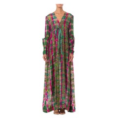 Retro 1970S Pink  & Green Silk Handwoven Ikat Long Sleeve Maxi Dress