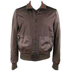 GUCCI Men's 42 Brown Poliammide/ Leather Striped Collar Bomber Jacket