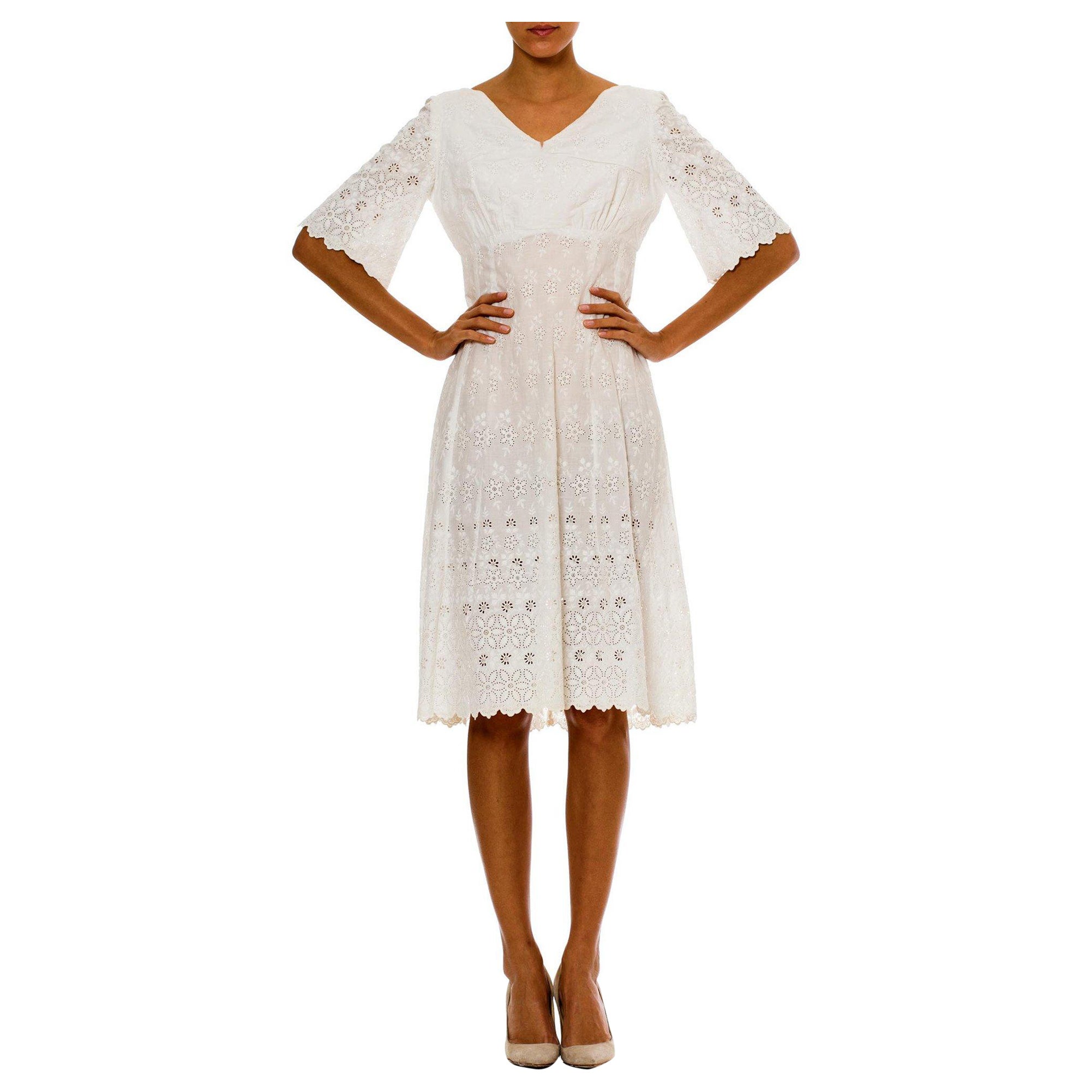 Victorian White Organic Cotton Dress With Floral Eyelet Embroidery & Scalloped  For Sale