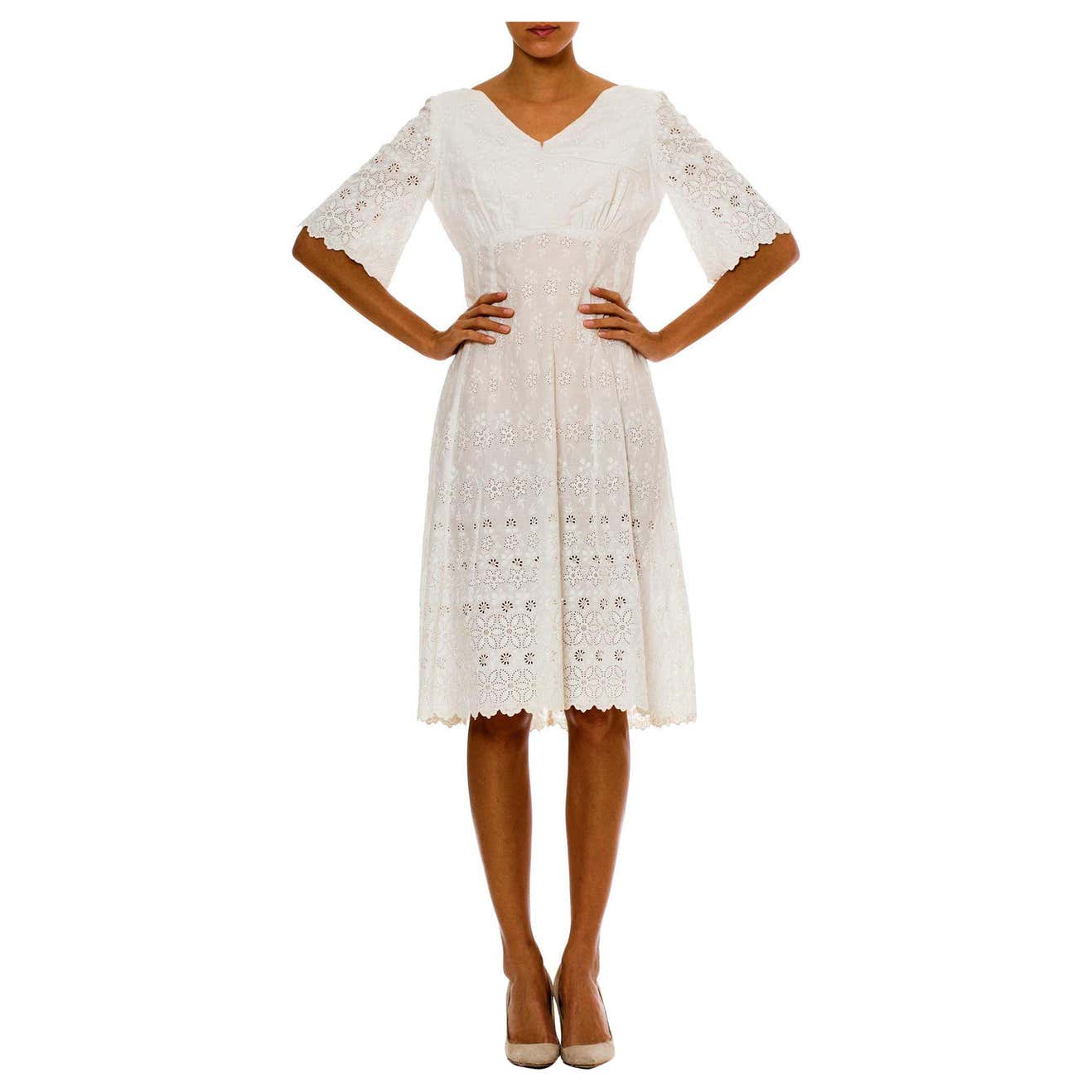 Victorian White Organic Cotton Dress With Floral Eyelet Embroidery and ...