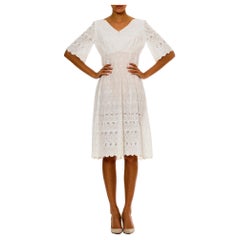 Used Victorian White Organic Cotton Dress With Floral Eyelet Embroidery & Scalloped 