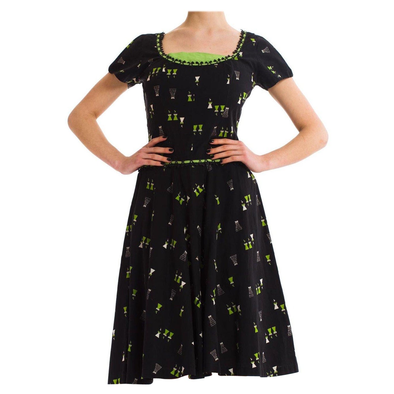 1950S Black Cotton Day Dress Printed With Cute Green Castles For Sale