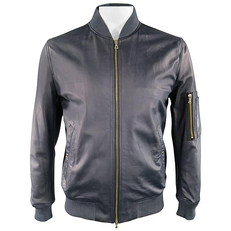 PS by PAUL SMITH 42 Navy Leather Gold Zip Bomber Jacket