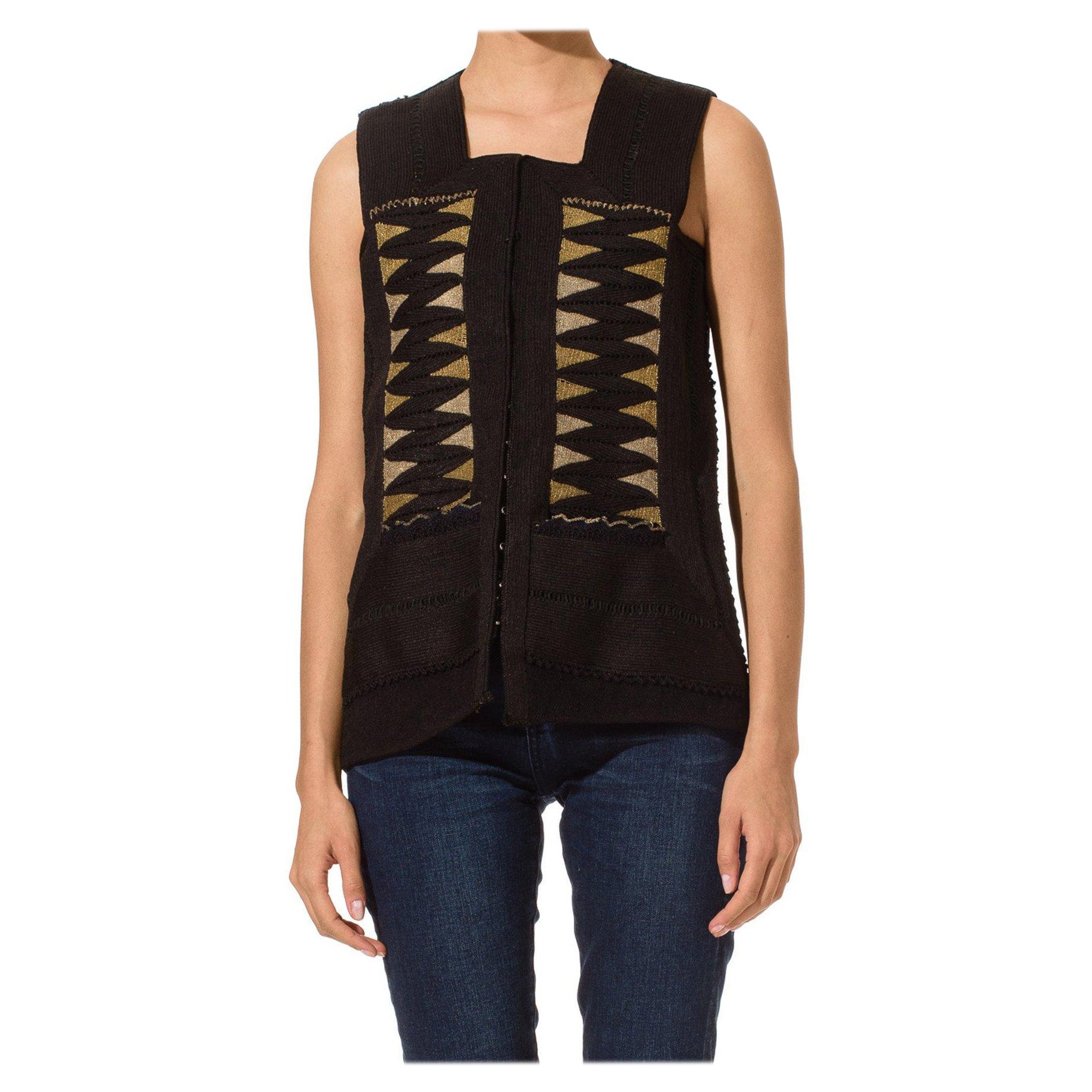 1930S Black African Wool Vest With Metallic & Rayon Embroidery