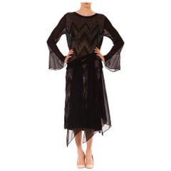 1920S Black Silk Chiffon Bell Sleeve Cocktail Dress With Chevron Metallic Embro