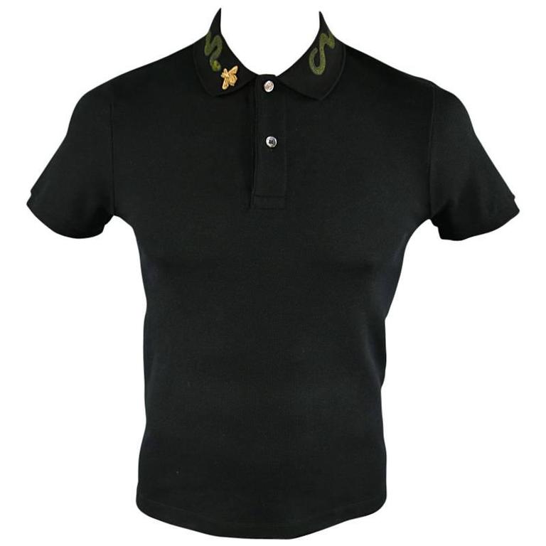 GUCCI Size S Black Pique Green and Gold Bee Applique Collar POLO at 1stDibs