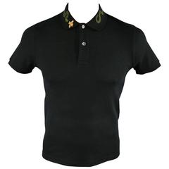 GUCCI Size S Black Pique Green Snake & Gold Bee Applique Collar POLO