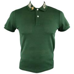 GUCCI Size S Mens Green Pique Snake & Gold Fly Applique Collar POLO