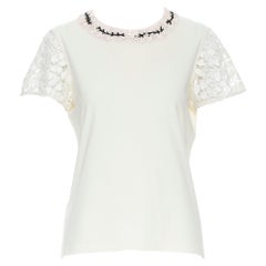 GIAMBATTISTA VALLI cream blossom sequin embellished lace sleeve t-shirt XS
