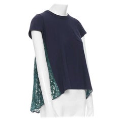 SACAI LUCK navy blue 100% cotton green lace back short sleeve mullet t-shirt JP1