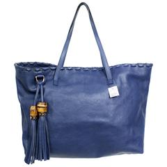 Gucci Navy Blue Leather Fringe Tote Handbag 