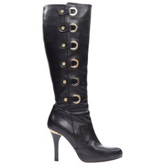 VERSACE black leather gold-tone hardware loop detail Medusa heel boot EU37.5