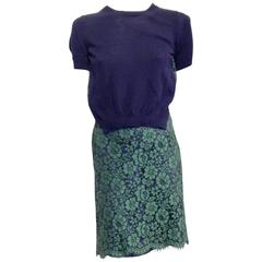 Sacai Navy and Green Lace Dress with Knit Front