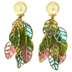 Chanel Pearl and Pastel Pate de Verre Leaf Earclips, Gripoix, 