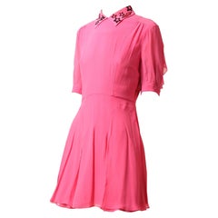Miu Miu bright pink star print beaded fit and flare silk mini babydoll dress 42